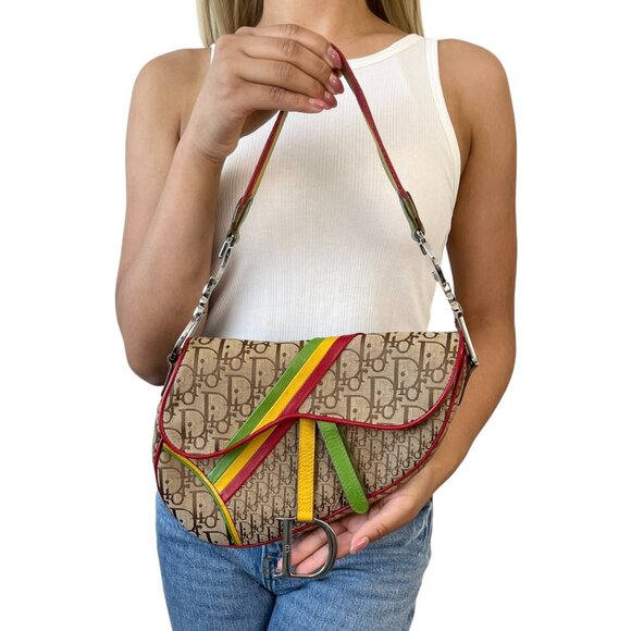 Christian Dior Vintage 2004 Trotter Monogram Logo Saddle Bag Rasta [105655] - Picture 2 of 13